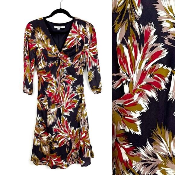 Boden Womens Jersey Dress Twist V Neck Knee Length Feather Floral Bohemian - Picture 1 of 9